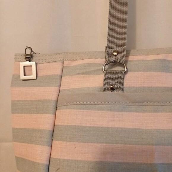 New Beach Tote Shopper shoulder Bag Pink Gray stripe Double handle Carryall Purs - Picture 3 of 8